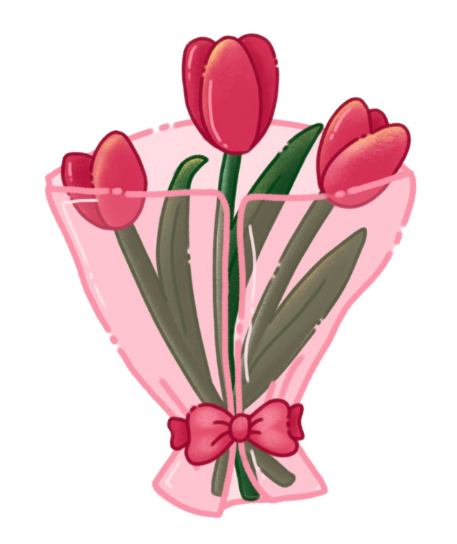 Bouquet of red tulips in pink paper with a bow on a white background
