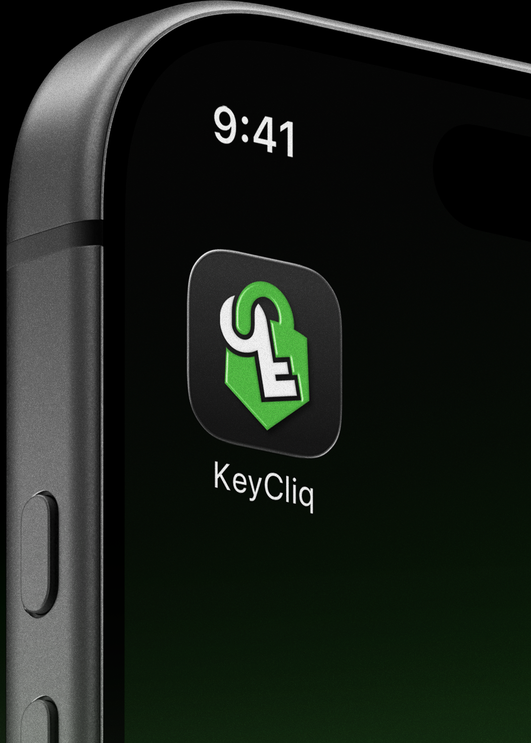 Smartphone displaying the KeyCliq app icon on a gradient black to green background