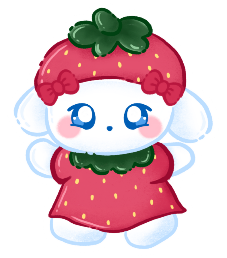 Zuzu, a byjessalyn character in a strawberry costume with a white background